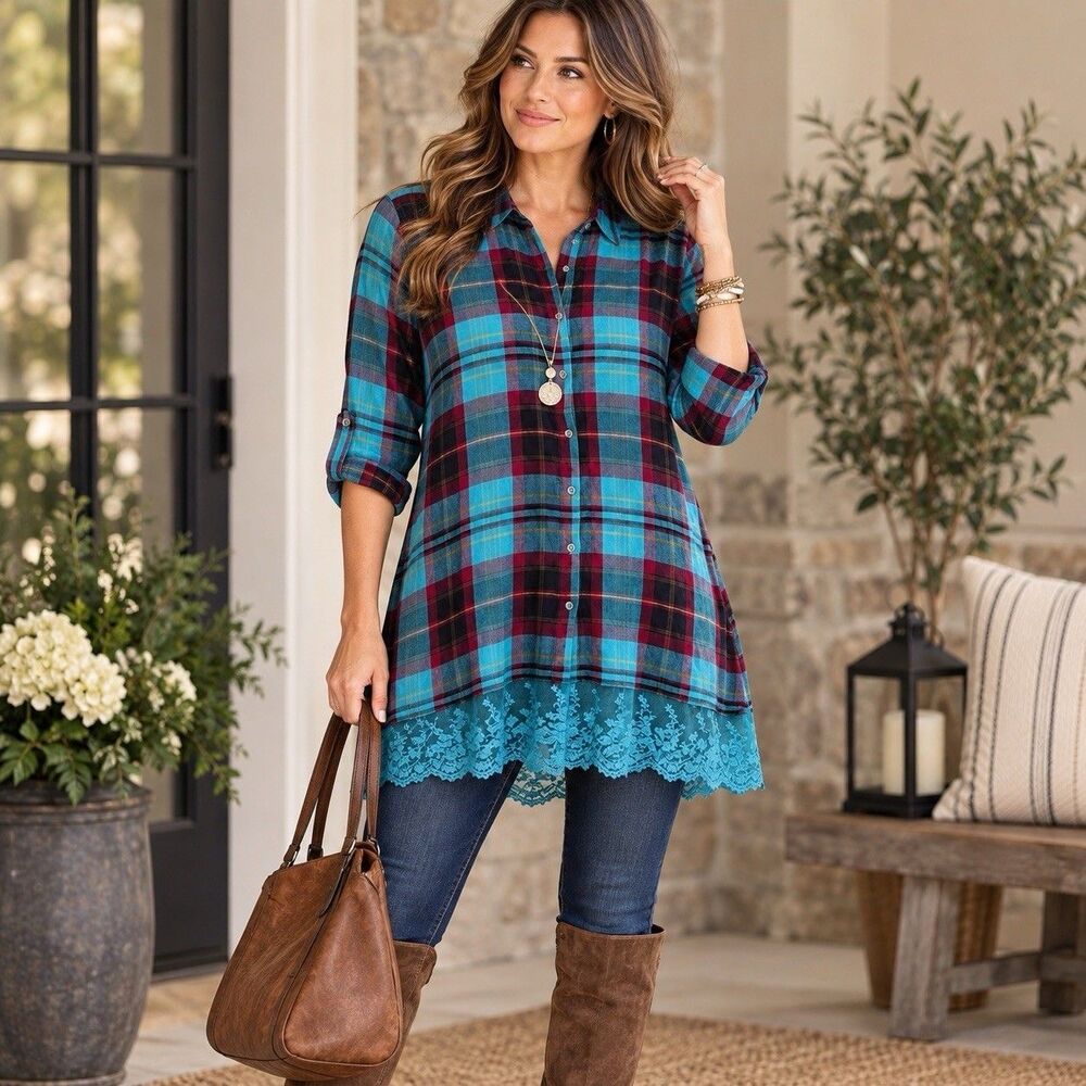 Soft Surroundings Adeline Plaid Lace Hem Tunic Shirt Size S Turquoise Red